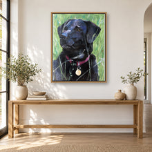 Load image into Gallery viewer, Black Labrador painting displayed in a framed neutral living room