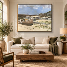 Load image into Gallery viewer, Boat on the shore painting displayed in a framed neutral living room