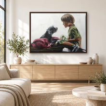 Load image into Gallery viewer, Boy and dog painting displayed in a framed neutral living room