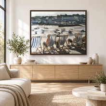 Load image into Gallery viewer, Deck chairs on a beach painting displayed in a framed neutral living room