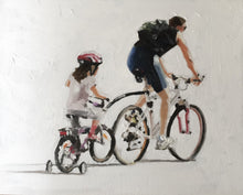 Load image into Gallery viewer, Dad and Daughter Cycling Painting, Prints, Posters, Originals, Commissions, Fine Art - from original oil painting by James Coates