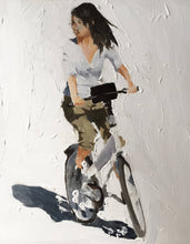 Load image into Gallery viewer, Woman cycling -Bicycle Painting - Cycling art - Cycling Poster - Cycling Print - Fine Art - from original oil painting by James Coates