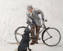 Load image into Gallery viewer, Man with bike Painting ,Bike Poster , Wall art, Canvas Print, Fine Art, from original oil painting by James Coates