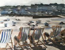 Load image into Gallery viewer, Deck chairs on beach - Painting -Dog art - Dog Prints - Fine Art - from original oil painting by James Coates