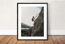 Load image into Gallery viewer, Rock climber Painting, Rock Climber Poster, Rock climber Wall art, Climber Canvas Print,Fine Art, from original oil painting by James Coates