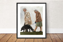 Load image into Gallery viewer, Couple walking dog Painting, Prints, Canvas, Posters, Originals, Commissions - Fine Art - from original oil painting by James Coates