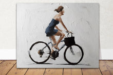 Load image into Gallery viewer, Woman in blue Cycling Painting, Prints, Posters, Commissions, Originals - Fine Art - from original oil painting by James Coates