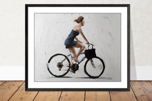 Load image into Gallery viewer, Woman in blue Cycling Painting, Prints, Posters, Commissions, Originals - Fine Art - from original oil painting by James Coates