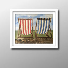 Load image into Gallery viewer, Deck chairs Painting, Beach art, Beach Prints, Fine Art - from original oil painting by James Coates