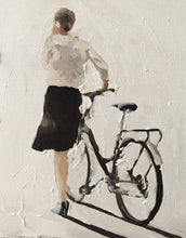 Load image into Gallery viewer, Women with bike,Prints, Canvas, Posters, Originals, Commissions - Fine Art - from original oil painting by James Coates