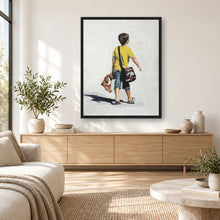 Load image into Gallery viewer, Boy carrying a teddy bear painting displayed in a framed neutral living room
