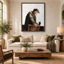 Load image into Gallery viewer, Old man sitting at a bar painting displayed in a framed neutral living room
