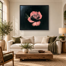 Load image into Gallery viewer, Pink rose oil painting displayed in a black frame in an elegant living room

