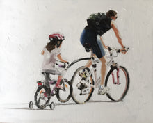 Load image into Gallery viewer, Dad and Daughter Cycling Painting, Prints, Posters, Originals, Commissions, Fine Art - from original oil painting by James Coates
