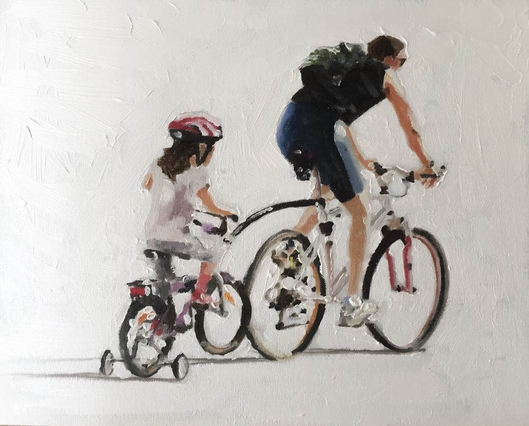 Dad and Daughter Cycling Painting, Prints, Posters, Originals, Commissions, Fine Art - from original oil painting by James Coates