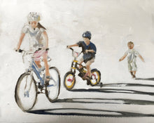 Load image into Gallery viewer, Children on bikes -Bicycle Painting - Cycling art - Cycling Poster - Cycling Print - Fine Art - from original oil painting by James Coates

