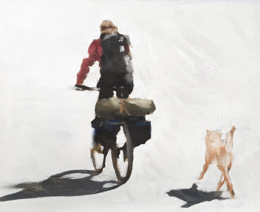 Man on bike with Dog Painting, Posters, Prints, Originals, Commissions , Fine Art - from original oil painting by James Coates
