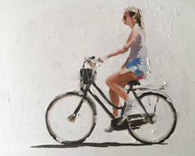 Load image into Gallery viewer, Woman Cycling -Bicycle Painting - Cycling art - Cycling Poster - Cycling Print - Fine Art - from original oil painting by James Coates

