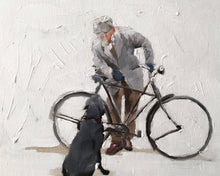 Load image into Gallery viewer, Man with bike Painting ,Bike Poster , Wall art, Canvas Print, Fine Art, from original oil painting by James Coates
