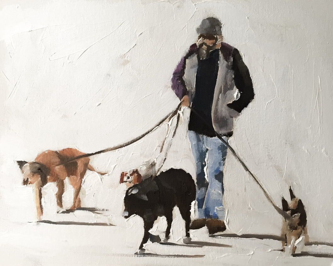 Dog walker Painting, PRINTS, Canvas, Posters, Originals, Commissions - Fine Art, from original oil painting by James Coates