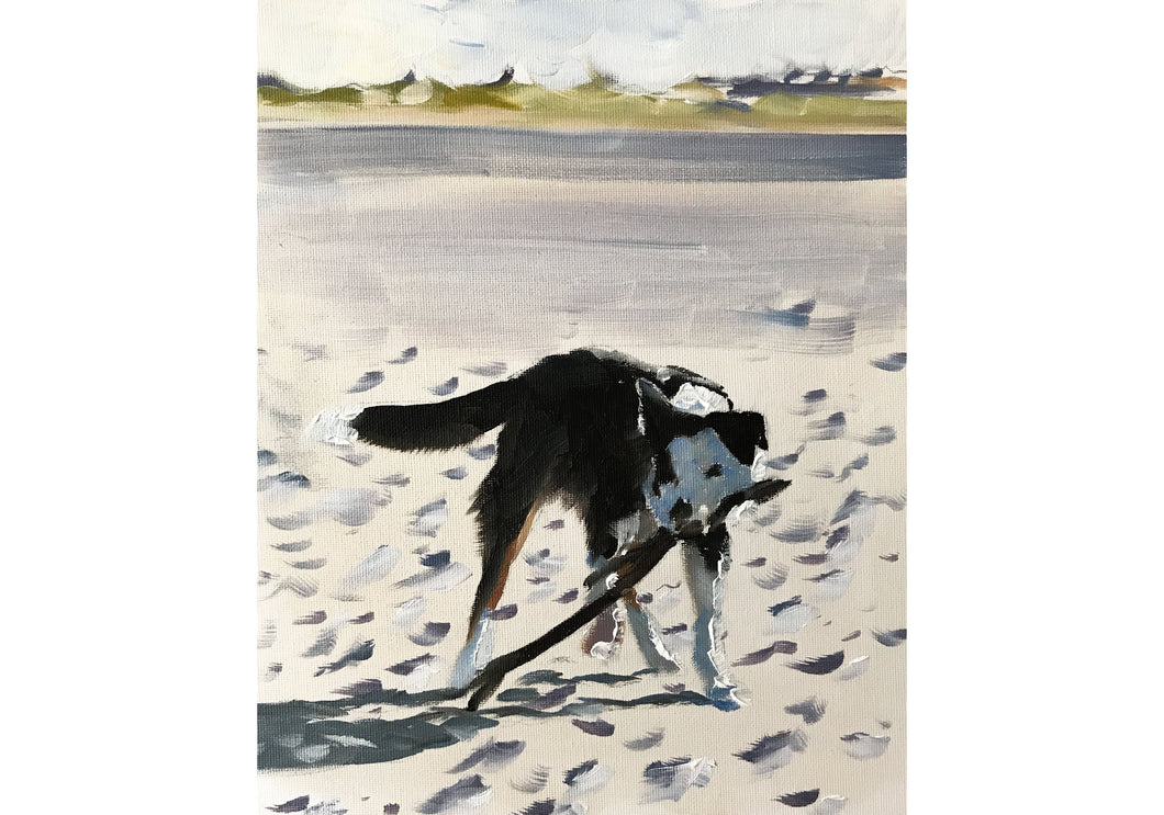Dog on Beach Painting, Dog art, Dog Prints, posters,, commissions, Fine Art - from original oil painting by James Coates