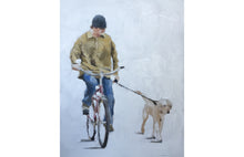 Load image into Gallery viewer, Man Cycling with Dog Painting, Prints, Posters, Originals, Commissions- Fine Art - from original oil painting by James Coates

