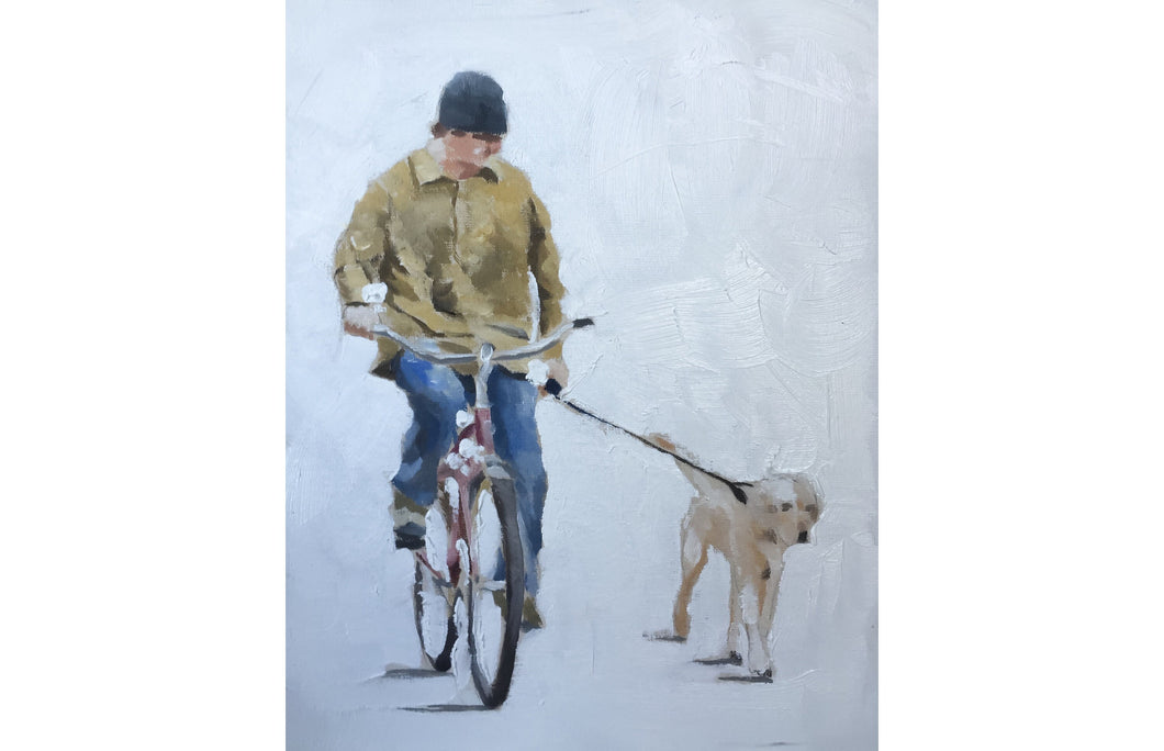 Man Cycling with Dog Painting, Prints, Posters, Originals, Commissions- Fine Art - from original oil painting by James Coates