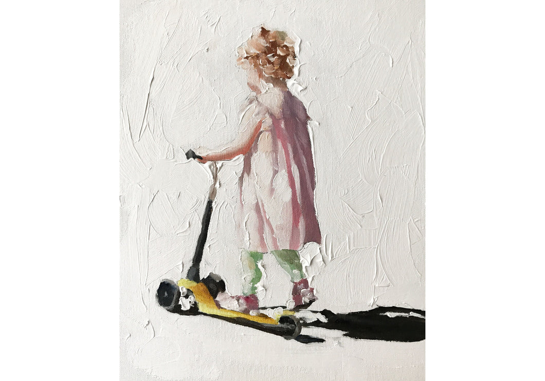 Girl on scooter Painting, Poster, Prints, Originals, commissions - Fine Art - from original oil painting by James Coates