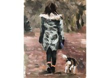 Load image into Gallery viewer, Woman walking dog Painting, PRINTS, Canvas, Posters, Commissions, Fine Art - from original oil painting by James Coates
