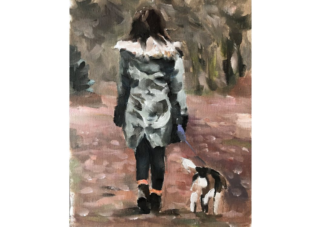 Woman walking dog Painting, PRINTS, Canvas, Posters, Commissions, Fine Art - from original oil painting by James Coates