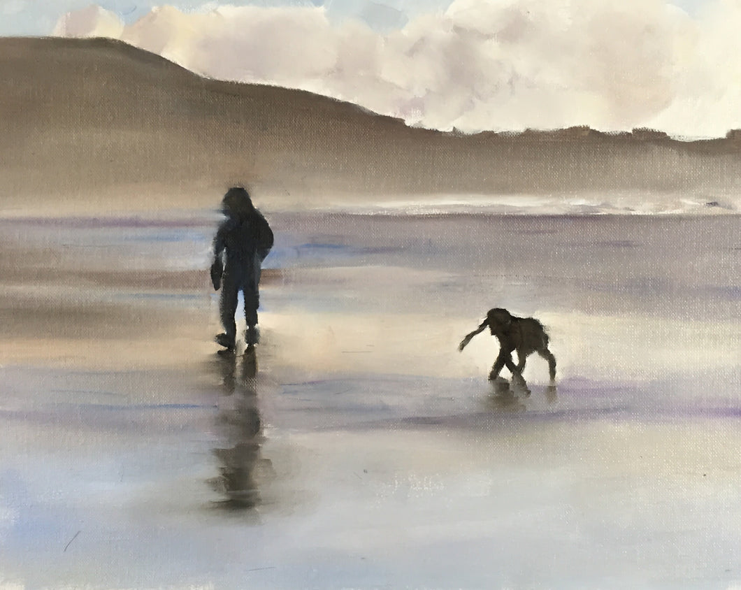 Man and Dog on beach Painting, Prints, Commissions, Posters, Fine Art - from original oil painting by James Coates