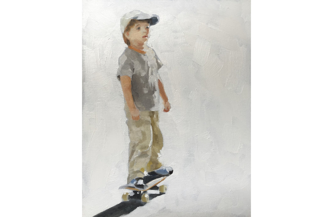 Child skate boarding painting , Prints, Canvas, Originals, Commissions, Fine Art - from original oil painting by James Coates