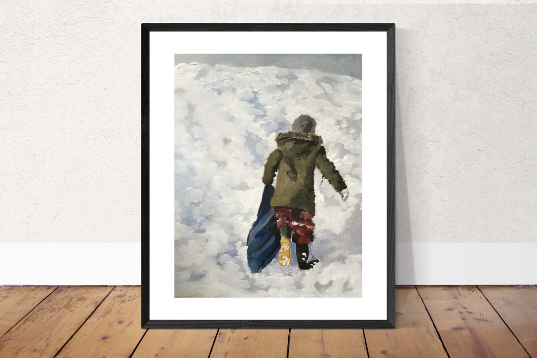 Child playing in the snow, PRINTS, Canvas,Poster, Commission,  Fine Art - from original oil painting by James Coates
