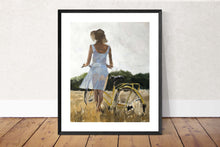Load image into Gallery viewer, Woman and bike painting, Bicycle Painting, Cycling art, Cycling Poster, Cycling Print ,Fine Art - from original oil painting by James Coates
