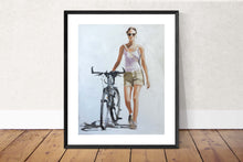Load image into Gallery viewer, Woman and bike Painting, Prints, Canvas, Poster, Originals, commissions - Fine Art - from original oil painting by James Coates
