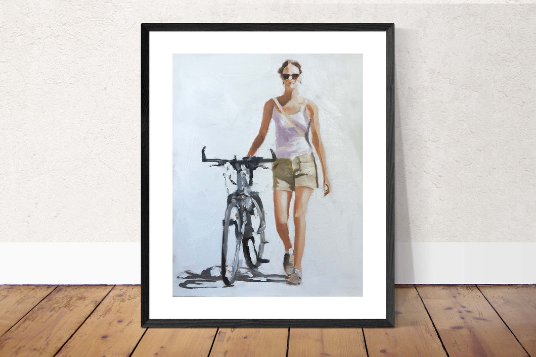 Woman and bike Painting, Prints, Canvas, Poster, Originals, commissions - Fine Art - from original oil painting by James Coates