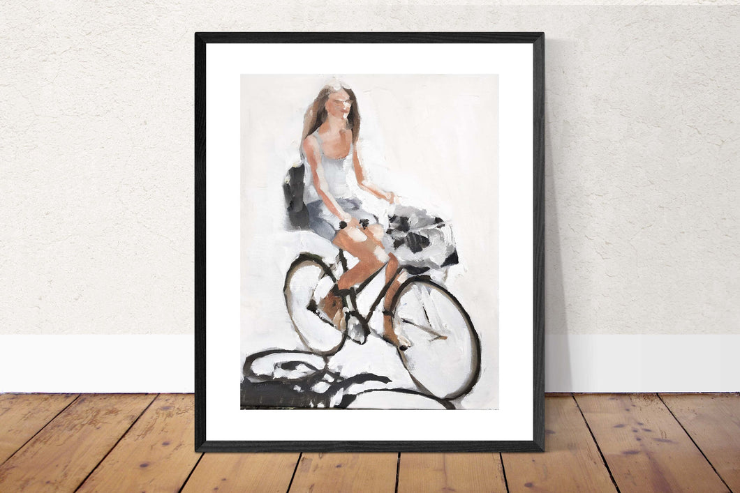 Woman on bike -Bicycle Painting - Cycling art - Cycling Poster - Cycling Print - Fine Art - from original oil painting by James Coates