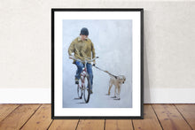 Load image into Gallery viewer, Man Cycling with Dog Painting, Prints, Posters, Originals, Commissions- Fine Art - from original oil painting by James Coates
