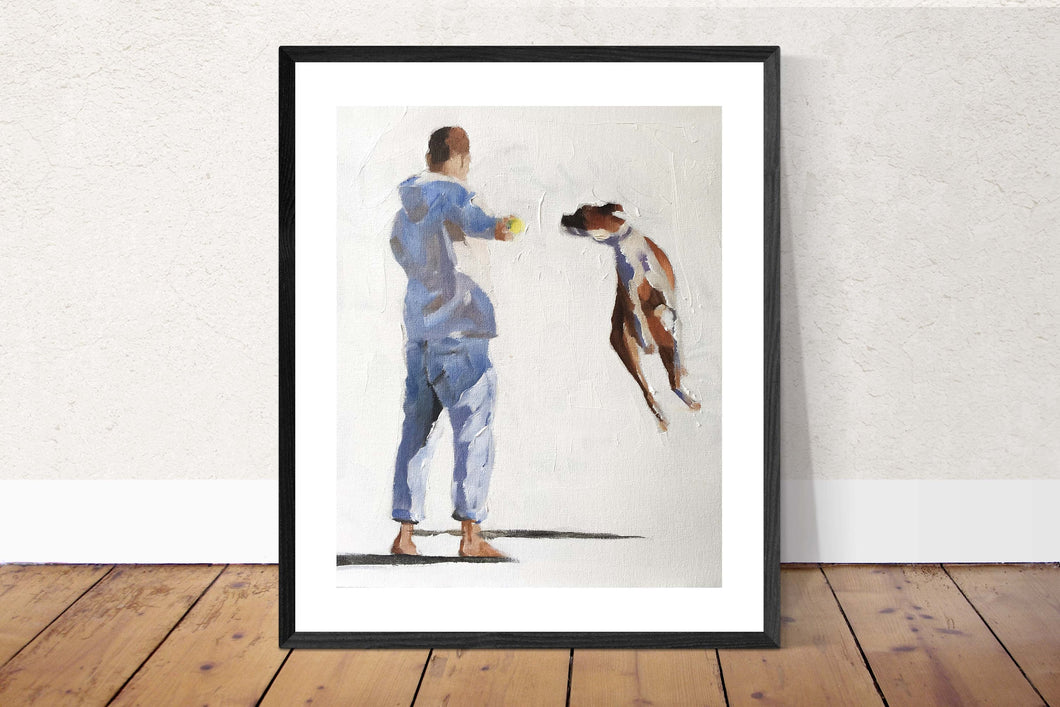 Jumping Boxer dog Painting, Prints, Canvas, Posters, Originals, Commissions, Fine Art - from original oil painting by James Coates
