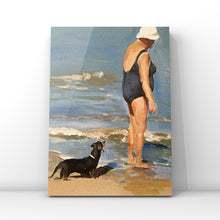 Load image into Gallery viewer, Woman and dog on beach - Painting Beach art - Beach Prints - Fine Art - from original oil painting by James Coates
