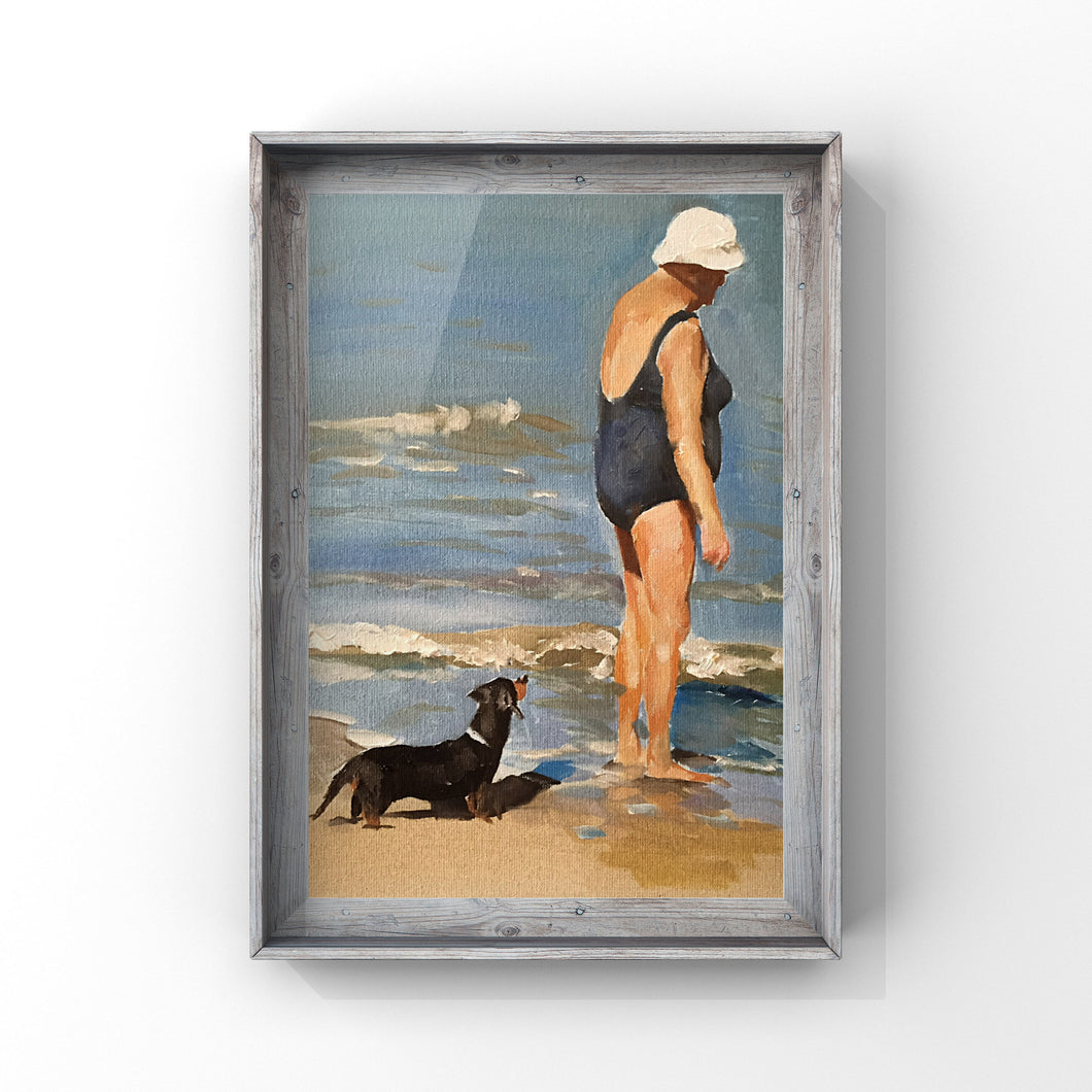 Woman and dog on beach - Painting Beach art - Beach Prints - Fine Art - from original oil painting by James Coates