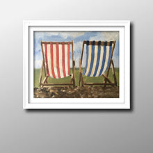 Load image into Gallery viewer, Deck chairs Painting, Beach art, Beach Prints, Fine Art - from original oil painting by James Coates
