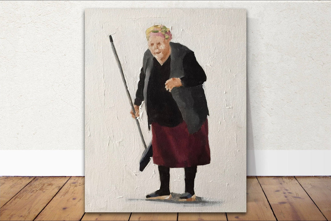 Old lady sweeping Painting, Prints, Canvas, Posters, Originals, Commissions, Fine Art - from original oil painting by James Coates