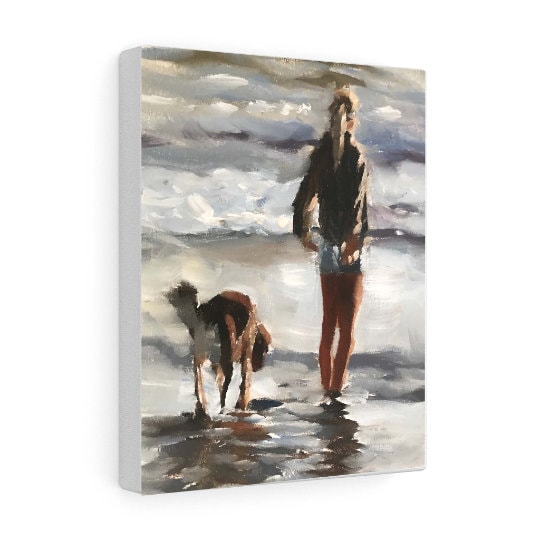 Woman and Dog on beach Paintings, Prints, Canvas, Posters, Originals, Commissions, Fine Art - from original oil painting by James Coates